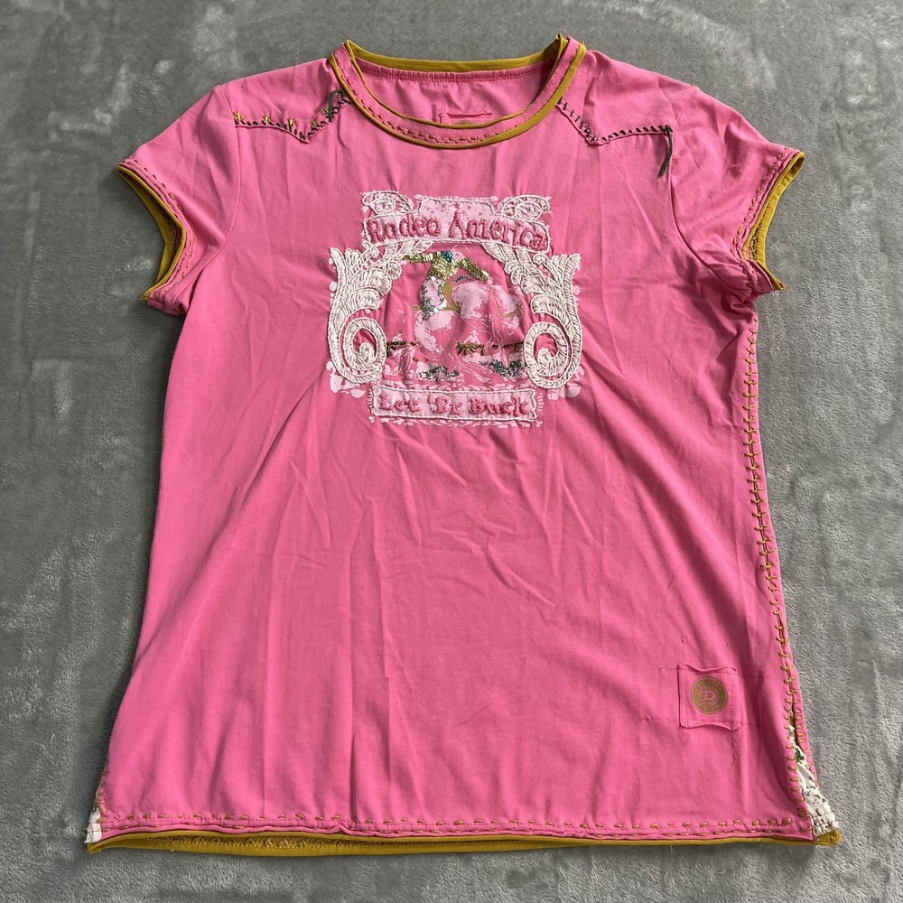 Double D Ranchwear Shirt Womens XL Pink Ringer Rodeo America Let Er Buck Western